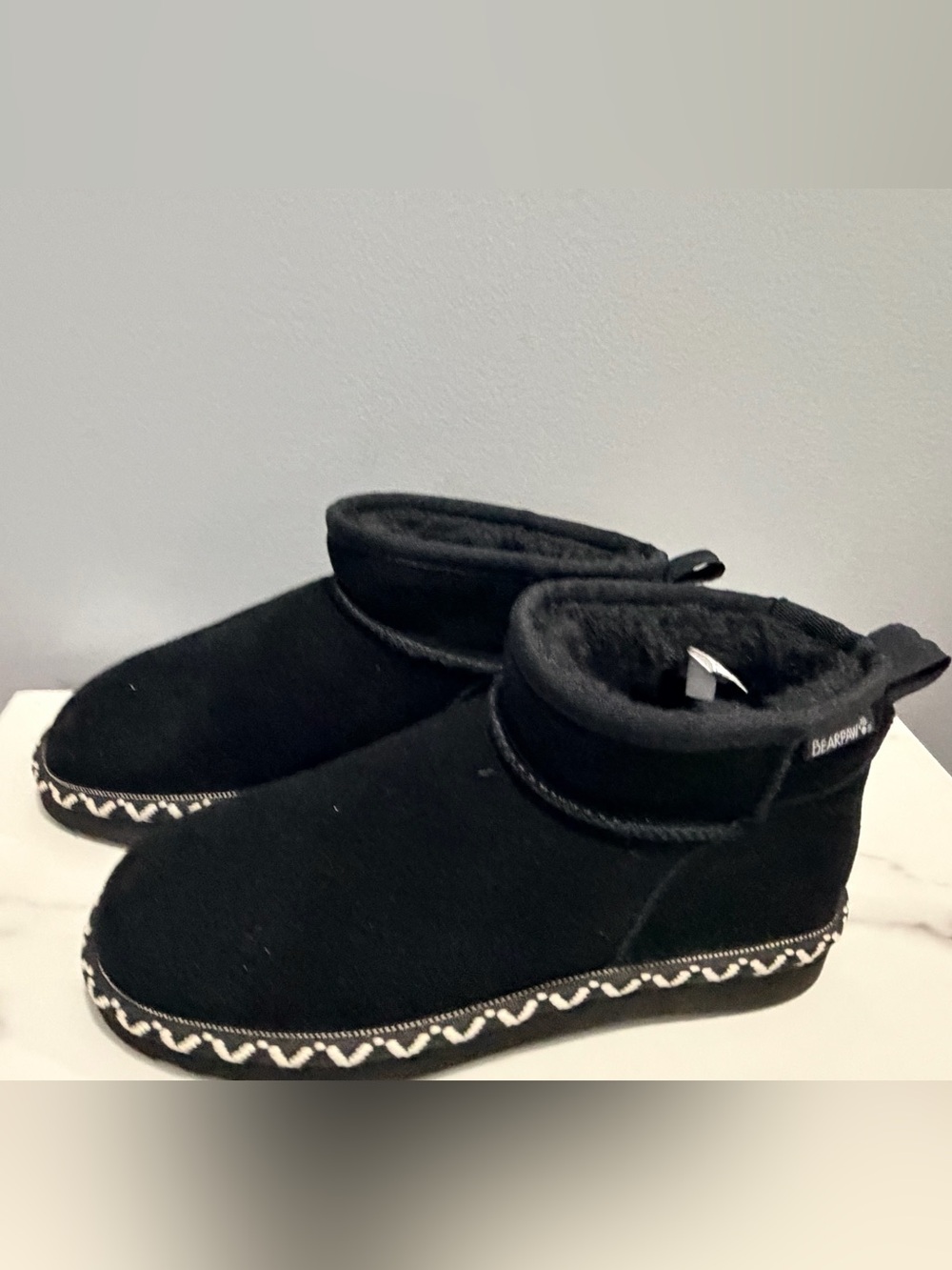 Ladies Bear Paw Black Plush Ankle Slippers